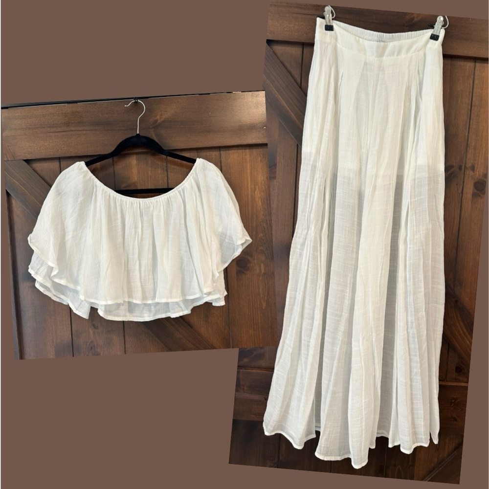 White Off-Shoulder Ruffle Shirt and Pant Set Vacation Spring Break! - Picture 1 of 5